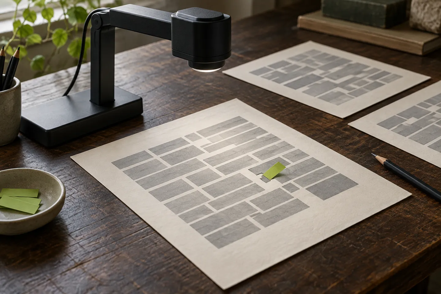 A document camera over paper blocks, with a small gap marked by a green tab on a wooden desk.