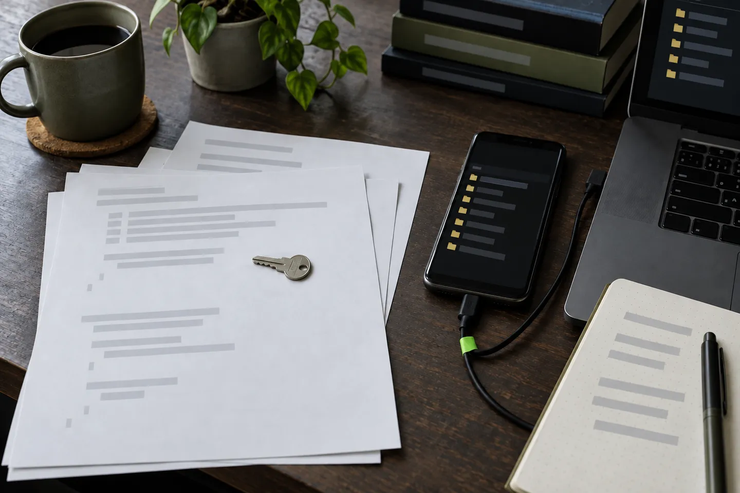 A phone connected to a laptop beside an inspected application package represented by unlabelled printouts and a metal key.