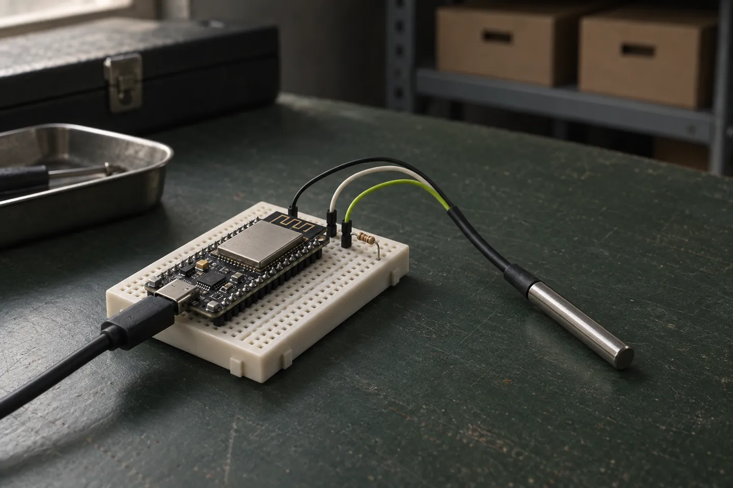 Una placa ESP32 en una placa de pruebas, conectada a una sonda metálica de temperatura.