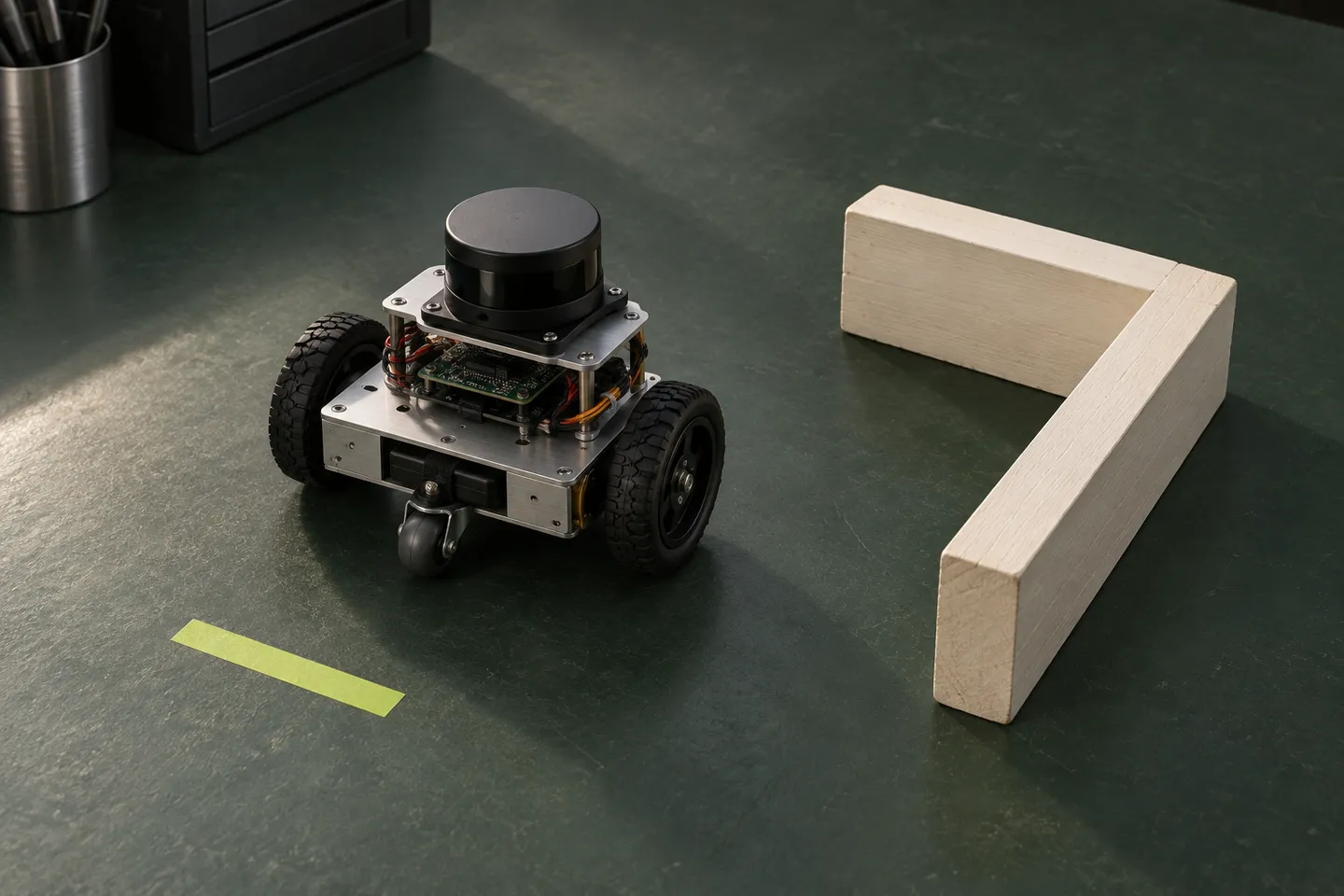 Un pequeño robot con ruedas y sensor lidar junto a un obstáculo de madera en forma de L.