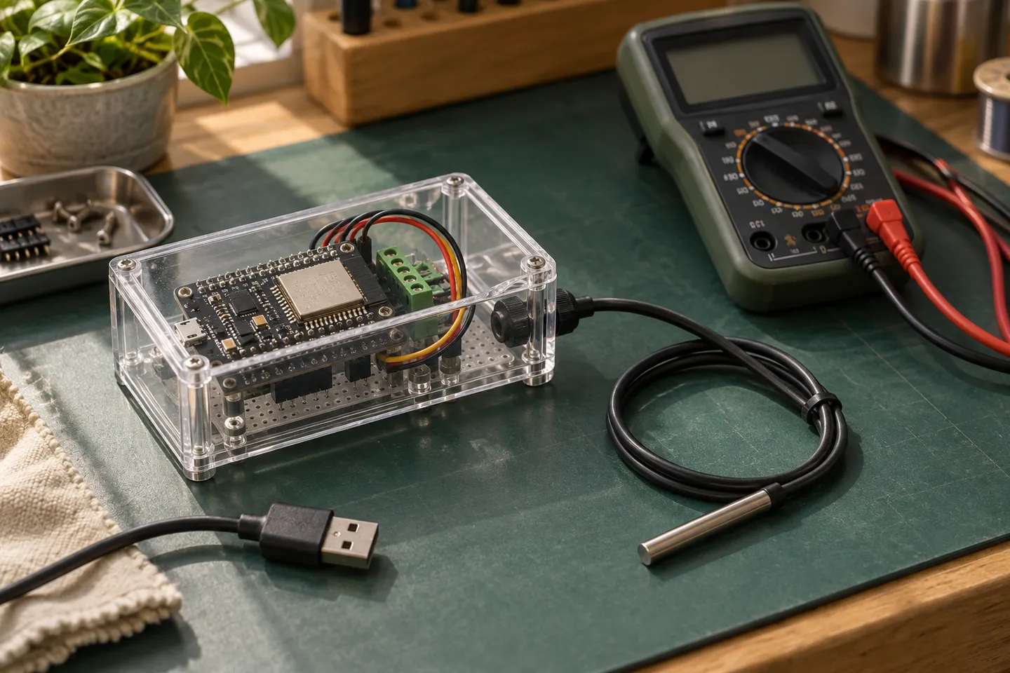 Una placa en una caixa transparent al costat d'una sonda de temperatura i un multímetre.
