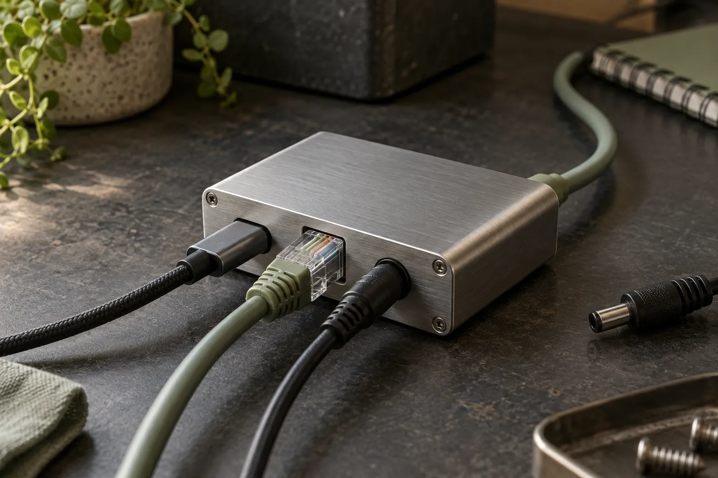 Tres connectors diferents entren en una petita caixa adaptadora metàl·lica.
