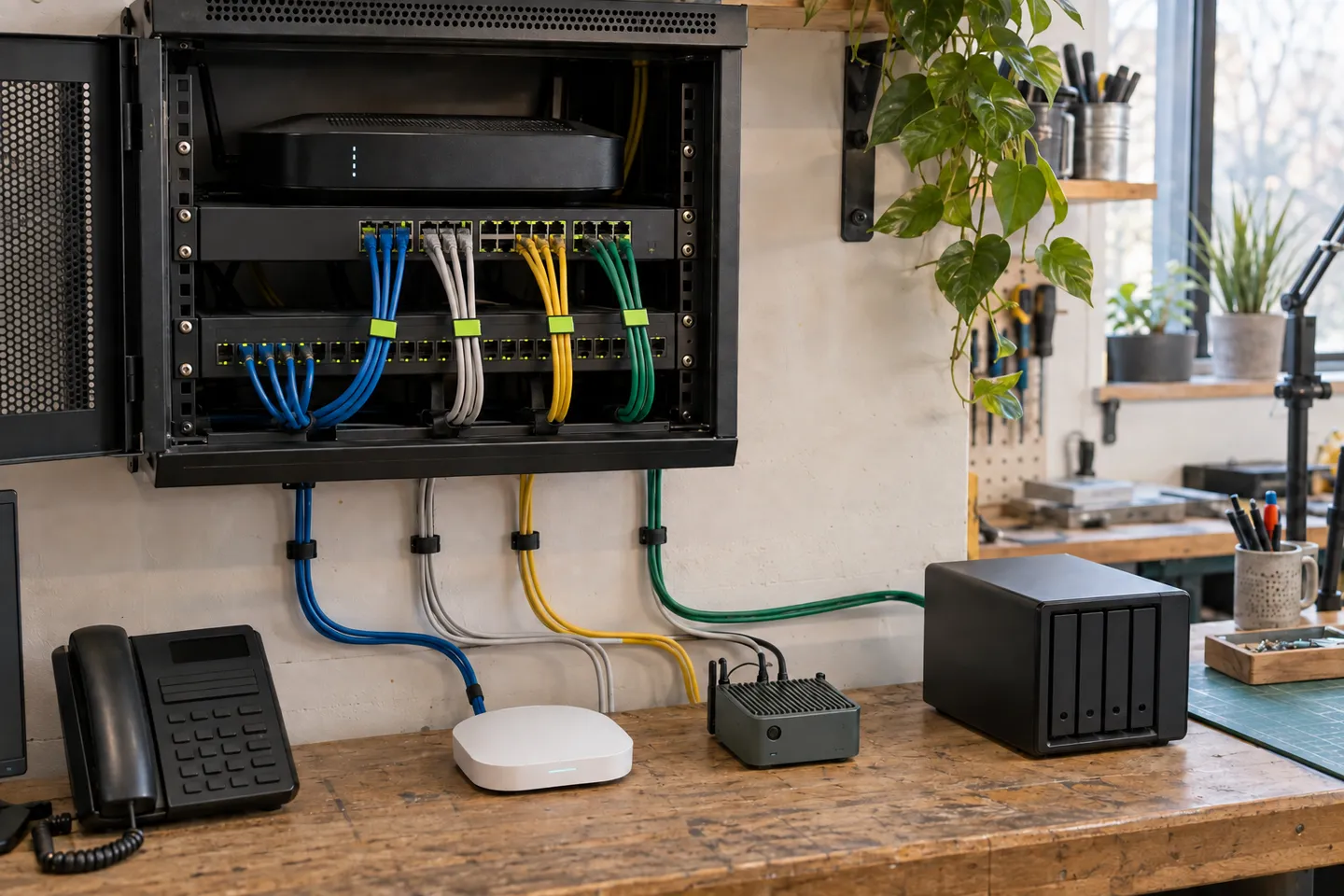 Ein kompakter Netzwerkschrank in einer Werkstatt mit vier getrennten Kabelgruppen zu Access Point, Geräte-Gateway und lokalem Speicher.
